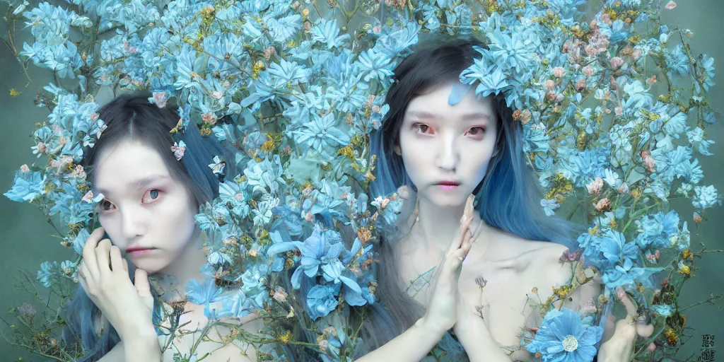 Prompt: breathtaking detailed weird concept art painting of the goddess of light blue flowers, orthodox saint, with anxious, piercing eyes, ornate background, amalgamation of leaves and flowers, by Hsiao-Ron Cheng, James jean, Miho Hirano, Hayao Miyazaki, extremely moody lighting, 8K
