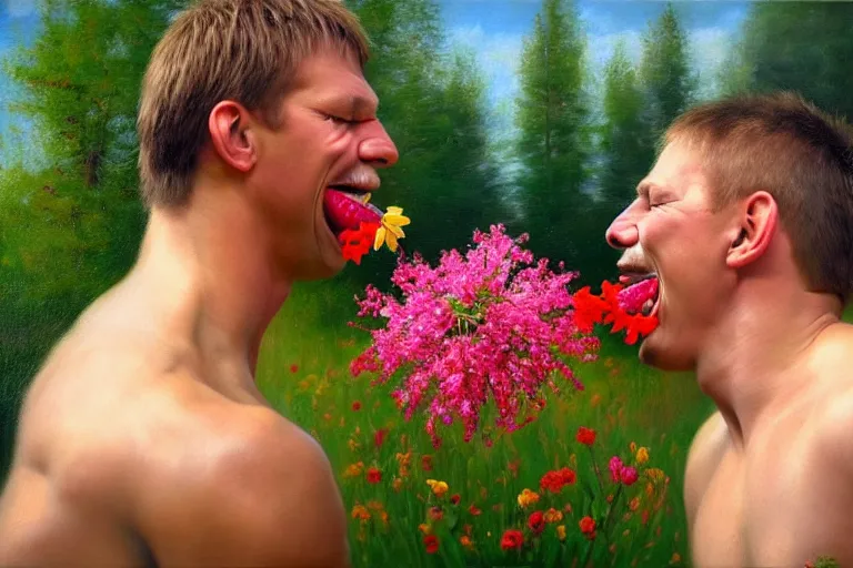 Image similar to ( ( a beautiful 8 k photorealistic masterpiece oil painting ) ( of ( two finnish men wrestling with flowers in their mouths and a big smile on their faces ) ( finnish scenery ) ) ( hyperrealism ) ( 1 6 k ) ( trending on artstation )