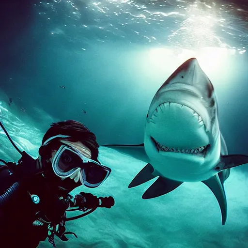 Image similar to the last selfie by a scooba diver moments before being eaten by a gigantic megalodon shark, ultra detailed, hyper realistic, volumetric lighting, 2 0 mm lens