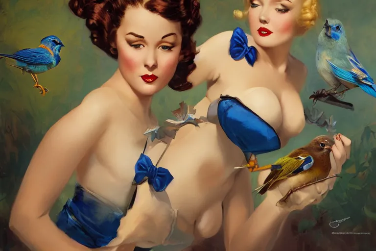 Image similar to pinup girl holding an indigo bunting, bird, the bird is wearing a bowtie, by greg rutkowski, rossdraws, gil elvgren, enoch bolles, anime, porcelain skin, very coherent