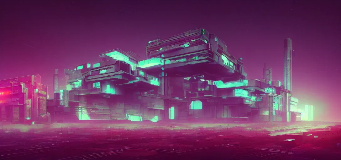 Prompt: futuristic abandoned cyberpunk brutalist power station at night, ray tracing, sci - fi, galaxy sky, digital art by beeple and simon stalenhag