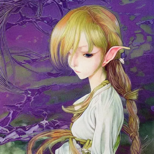 Prompt: little elf girl, tunic, soft hair. light color palate, purple, yellow and white. detailed soft painting, ayami kojima, made in abyss, anatomically correct, inspired in balthus, high detailed face anime, vogue magazine