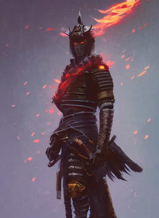 Prompt: cinematic shots of full body samurai with armor made of fire intricate illustrations by artgerm, greg rutkowski, eng killian and, digital illustration, over - detailed, clear, crisp, smooth, bright colors, stone, dnr, unreal engine, about reflection, rtx reflection, artstation