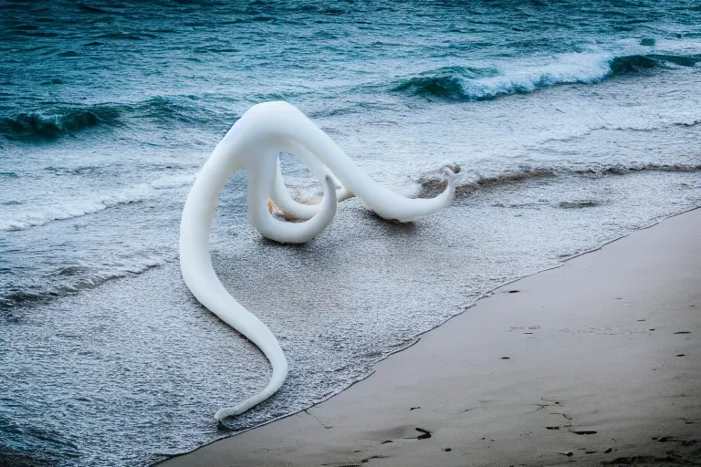 Image similar to photography of a gigantic white octopus walking at the shore of the beach, outside the water, national geographic, evening, award winner, nature