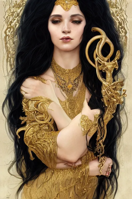 Prompt: fullbody!! of a beautiful woman with long black hair, big natural horns on her head, flowing intricate dress, gold jewellery, dnd, face, fantasy, intricate, elegant, highly detailed, digital painting, artstation, concept art, smooth, sharp focus, illustration, art by artgerm and greg rutkowski and alphonse mucha