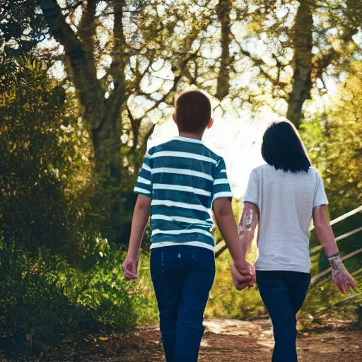 Image similar to Photograph of two teenagers in love, holding hand, sigma 85mm