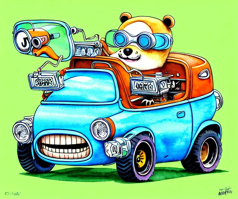 Image similar to cute and funny, beaver wearing goggles driving a tiny hot rod with an oversized engine, ratfink style by ed roth, centered award winning watercolor pen illustration, isometric illustration by chihiro iwasaki, edited by craola, tiny details by artgerm and watercolor girl, symmetrically isometrically centered