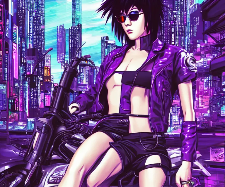 Image similar to motoko kusanagi riding a cyberpunk vehicle in a grungy cyberpunk megacity, bosozoku gang war, cyberpunk vaporwave, by phil jimenez, artgerm, sola digital arts, anti aliasing, raytracing