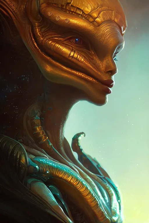 Image similar to attractive alien queen, close - up portrait, intricate, elegant, volumetric lighting, scenery, digital painting, highly detailed, artstation, sharp focus, illustration, concept art, gaston bussiere, ruan jia, steve mccurry