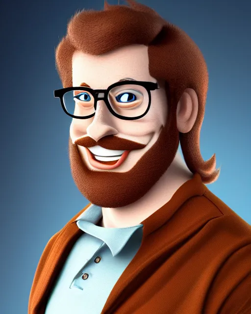 Prompt: pleasant, happy, husky, nerdy man character portrait, wearing polo shirt, dark auburn wavy hair, full beard, glasses without frames, freckles, by don bluth, highly detailed, dynamic shadows, 4 k, wallpaper - 1 0 2 4