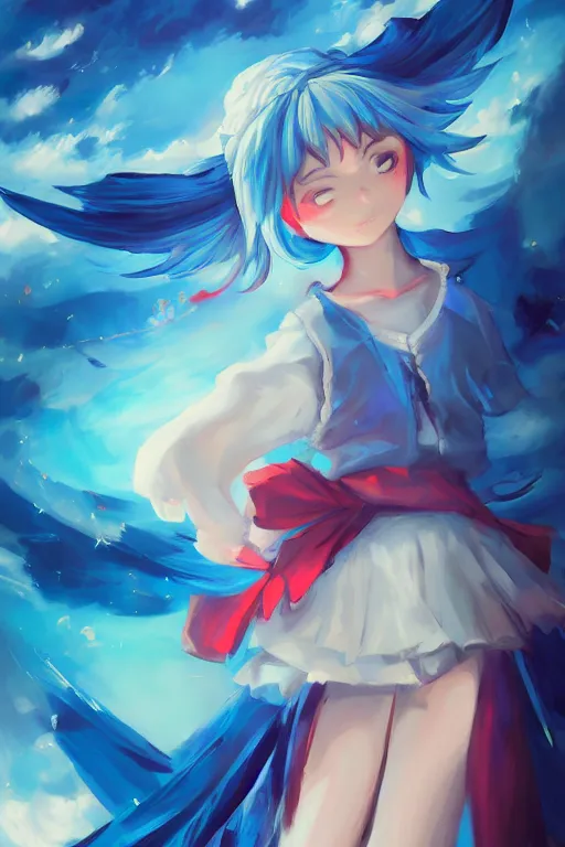 Image similar to cirno from touhou, by ross tran, background by alena aenami, oil on canvas