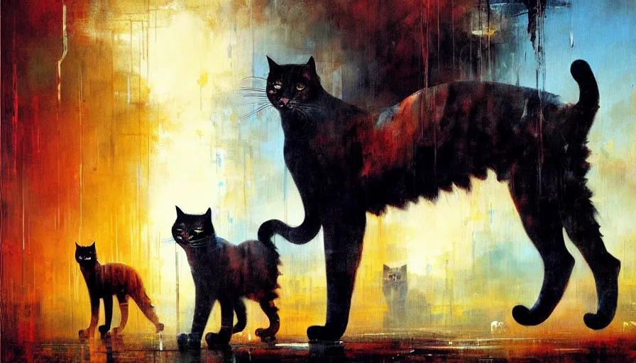 Prompt: contemporary semi abstract acrylic painting of really tall cats by william turner, by greg rutkowski, kessler art, thick brush strokes and visible paint layers, multicolor color scheme