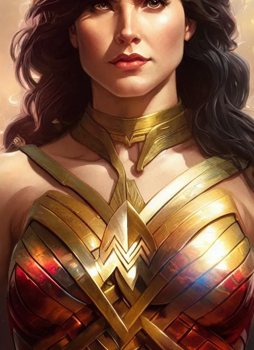 Prompt: wonder woman, d & d, fantasy, intricate, elegant, highly detailed, digital painting, artstation, concept art, matte, sharp focus, illustration, hearthstone, art by artgerm and greg rutkowski and alphonse mucha