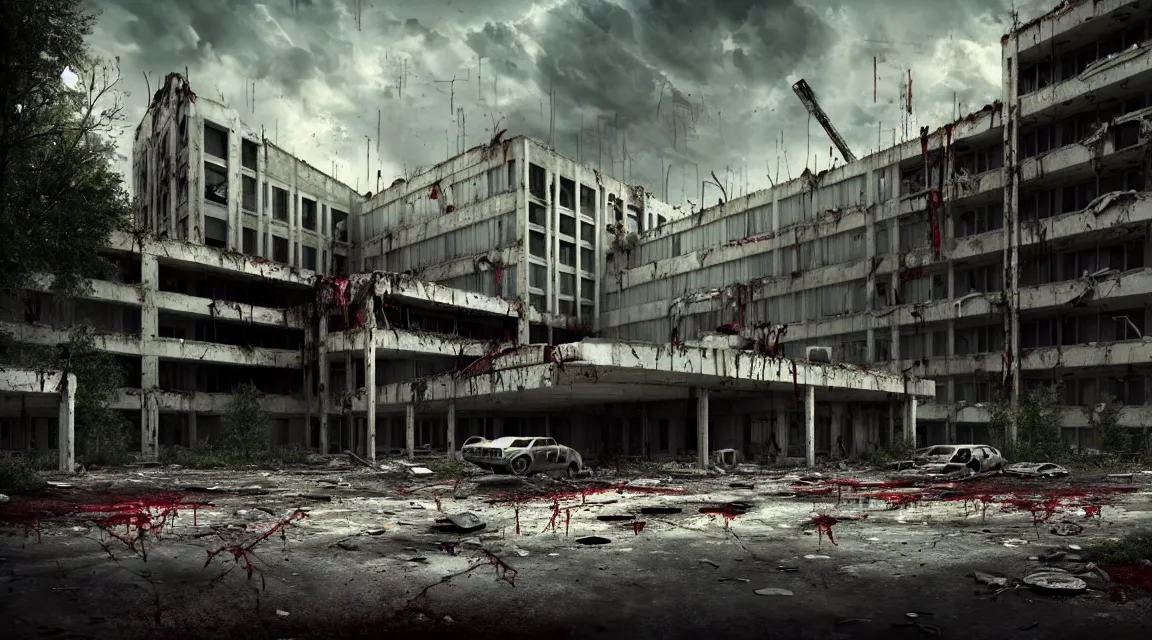 Prompt: post apocalyptic hospital building, survivors fighting, morning, building, avenue, modern contemporary urban americana concrete architecture, by pascal blanche, neil blevins, apocalyptic color palette, trending on artstation, photorealistic, wilderness ambiance, ultra detailed, high definition, depth of field, bokeh, rubble, wild vegetation, blood stains, building crumbling