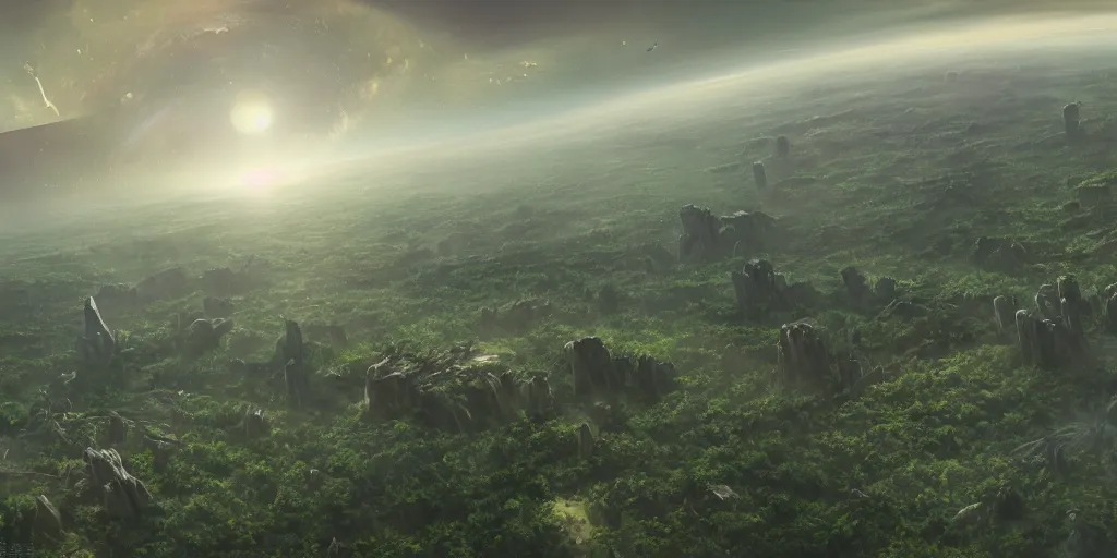 Image similar to a small colony, plain surrounded by forest, sci-fi, alien planet, view from above, cinematic, matte painting, detailed