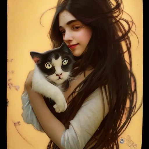 Image similar to girl with long dark hair thick eyebrows and dark eyes, she is holding a cat in her arms, by juan villafuerte, greg rutkowski and alphonse mucha, pexels contest winner, high quality photo, rtx, hd