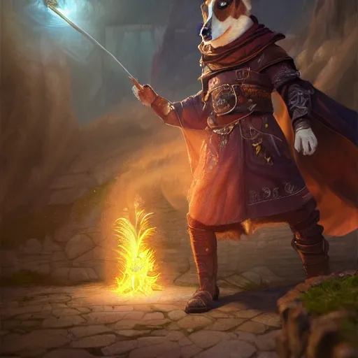 Prompt: hyperrealistic digital illustration of a corgi d & d character, spellcaster, mage, wizard, magical, fantasy, highly detailed digital illustration, greg rutkowski, trending on artstation, 8 k