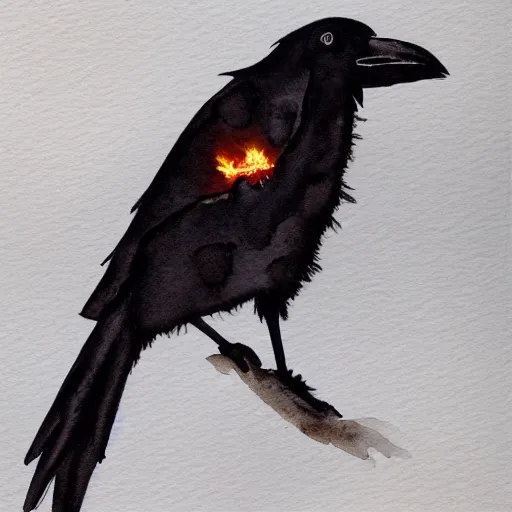 Prompt: a crow made out of fire, in a dark cave, detailed watercolour painting, 4 k