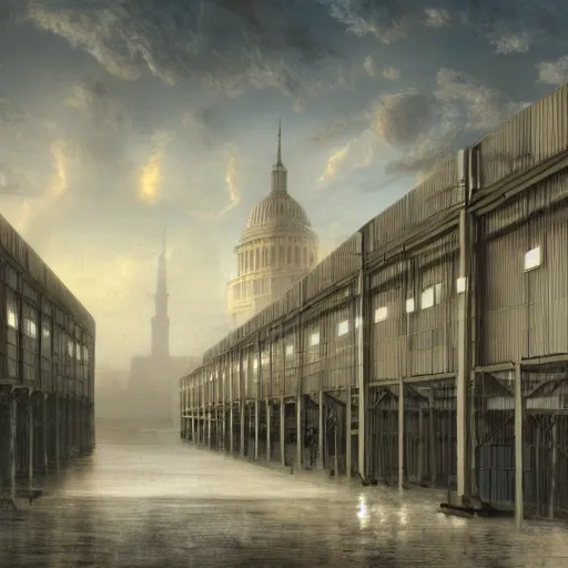 Image similar to government warehouse, matte painting, michael pangrazio