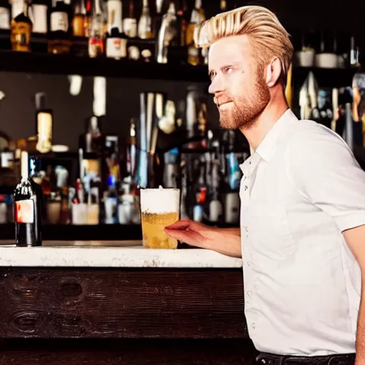 Prompt: a blonde man at a bar,