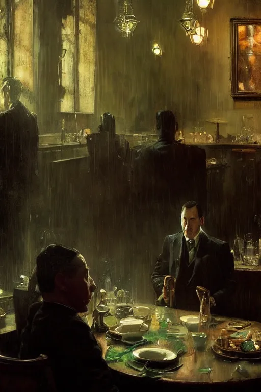 Image similar to , h p lovecraft eating soup at the victorian dining room hyperrealistic portrait, bladerunner street, art of elysium by jeremy mann and alphonse mucha and greg rutkowski, fantasy art, photo realistic, dynamic lighting, artstation, poster, volumetric lighting, very detailed face, 4 k, award winning