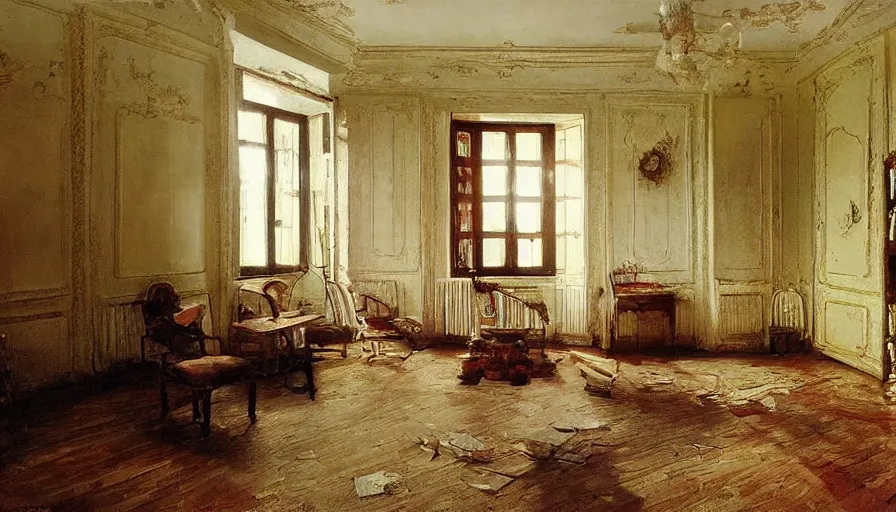 Image similar to detailed interior of a soviet apartment, by Ilya Repin