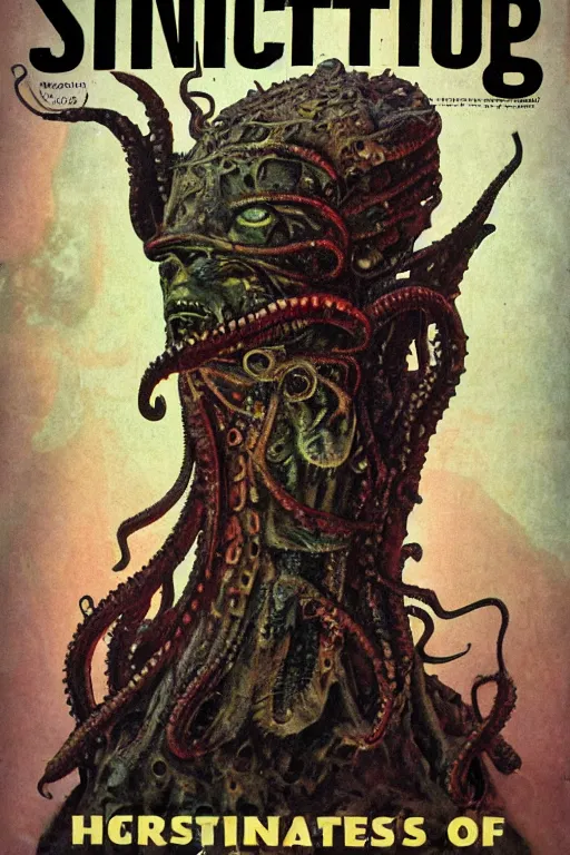 Image similar to photo of poor condition, torn, stained, vintage pulp scifi science fiction magazine cover showing upper body portrait of a monster with tentacles coming from its head, 4 k, high definition