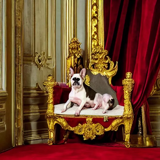 Prompt: 8k highly detailed photo by David Bailey of A French Bulldog Louis XIV, decadent throne room, the other animals prostrate themselves before the throne, French architecture