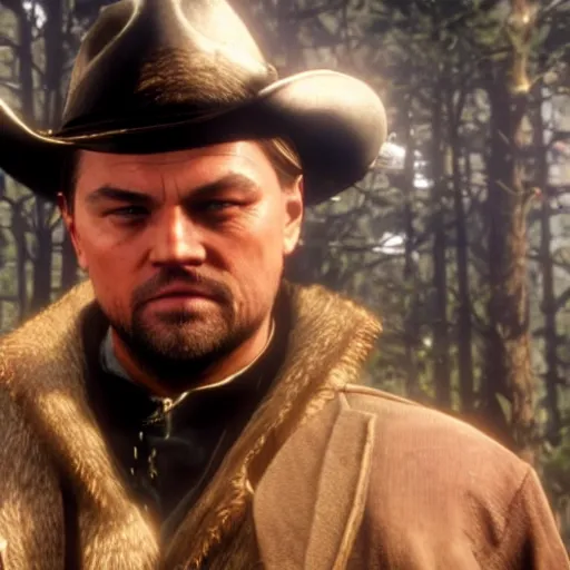 Prompt: leonardo dicaprio plays arthur morgan in the playstation 4 video game red dead redemption 2, video game screenshot