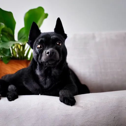 Image similar to a small black dog with a white face, lying down on a sofa, house plants and wood furniture in the background, indoors, dim light, photograph, 4 k, shot on iphone