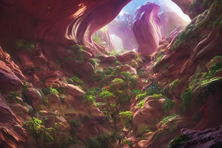 Image similar to futuristic cyberpunk city with lush garden located on rgb Antelope canyon, rocks formed by water erosion, beautiful smooth sandstone in unique shapes with light beams that shine through its walls, polish narrow slots of walls into a striated swirling finish, digital painting, concept art, smooth, sharp focus, from Star Trek 2021, illustration, by WLOP and Ruan Jia and Mandy Jurgens and William-Adolphe Bouguereau, Artgerm