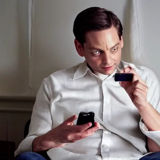 Image similar to tobey maguire texting on his phone inside of his bedroom during a rainy night, cinematic lighting, photorealistic, highly detailed,