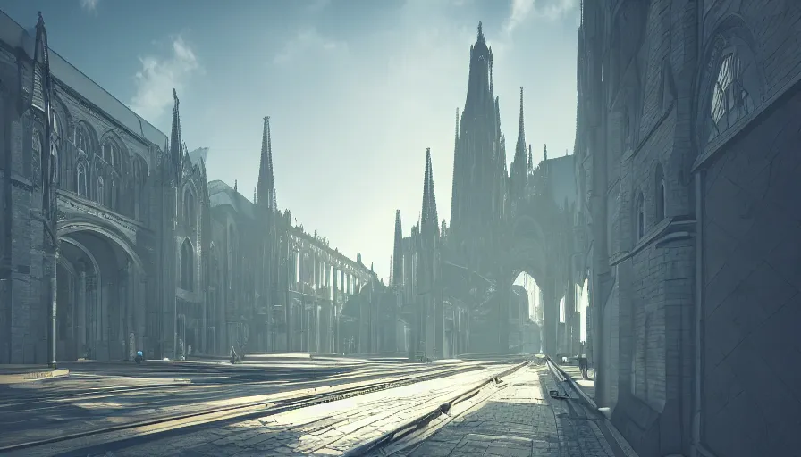 Image similar to futuristic neo - gothic berlin with church, train station, square, alley, highways, trees, day, volumetric light, hyperdetailed, artstation, cgsociety, 8 k