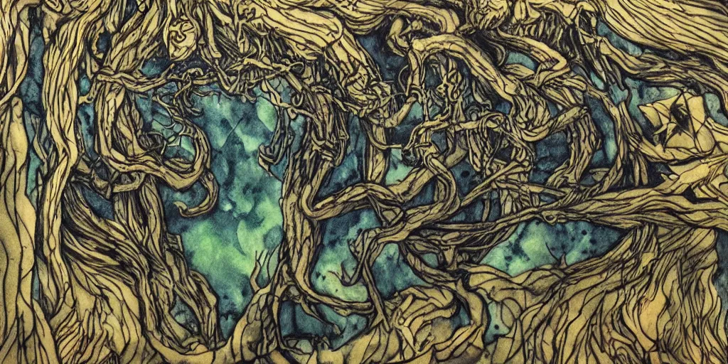 Prompt: expressive cloaked flowing shadow demon lurking in a dense creepy, mythical woodland. beautiful angles holding golden chains in the sky. colored inks heightened with opaque paints miniature on vellum.