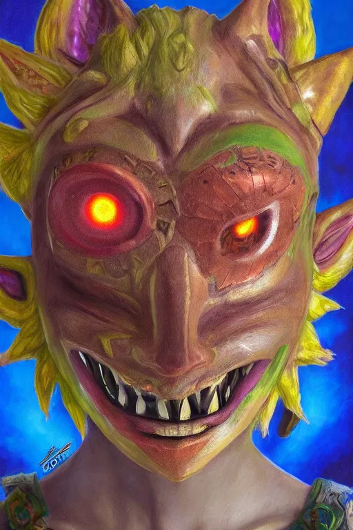 Prompt: Majora's Mask from Zelda, oil on canvas, intricate, portrait, 8k highly professionally detailed, HDR, CGsociety