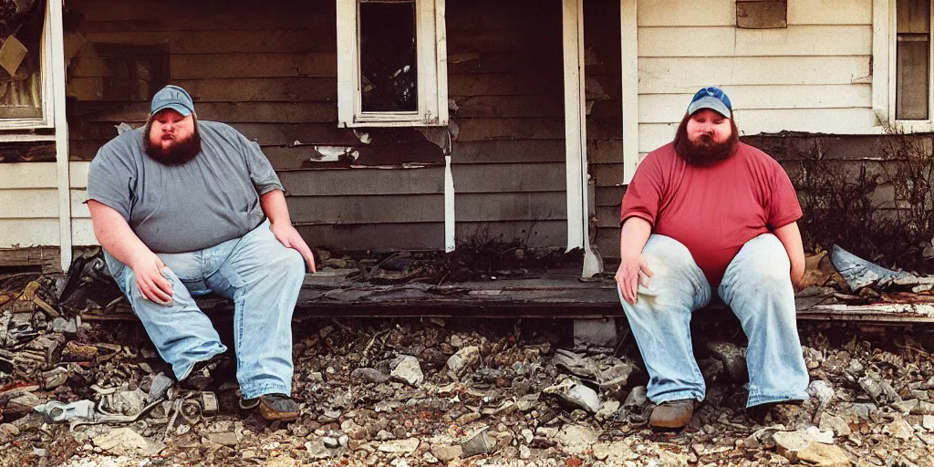 Image similar to close up portrait of fat redneck man sitting on front porch of dilapidated house, kodak gold 2 0 0,