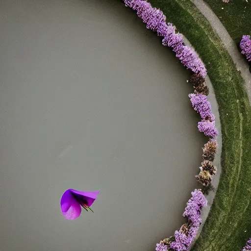 Prompt: closeup photo of 1 lone purple petal flying above a city park, aerial view, shallow depth of field, cinematic, 8 0 mm, f 1. 8