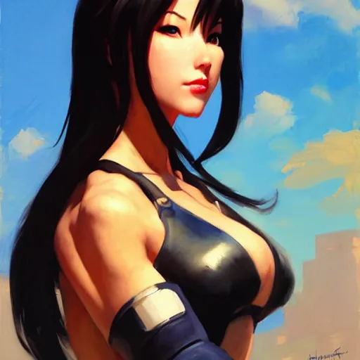 Prompt: Greg Manchess portrait painting o Tifa Lockheart as Overwatch character, medium shot, asymmetrical, profile picture, Organic Painting, sunny day, Matte Painting, bold shapes, hard edges, street art, trending on artstation, by Huang Guangjian and Gil Elvgren and Sachin Teng