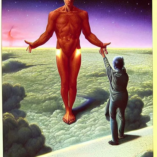Prompt: a powerful psychic man emitting psychic powers, by peter elson,
