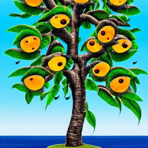 Image similar to mango tree full of eyes wearing a tuxedo while floating on the sea