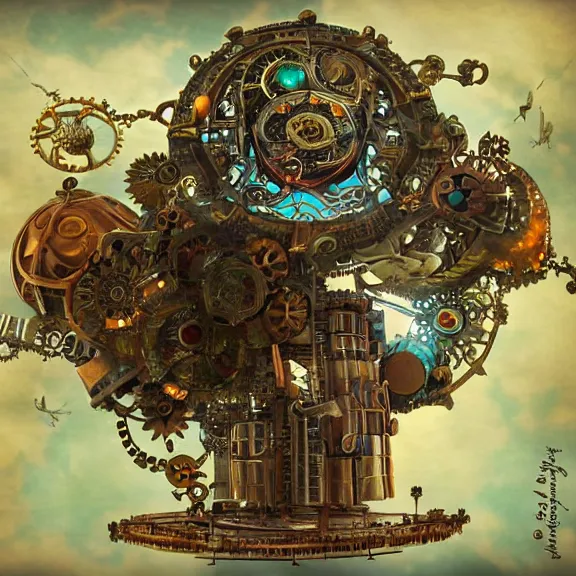 Image similar to flying city in a mechanical flower, sky!, fantasy art, steampunk, masterpiece, behrens style