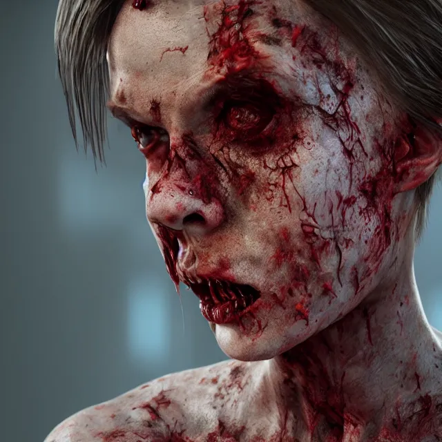Image similar to hyper realistic portrait zombie cinematic, full head and shoulders, redshift, vray, octane