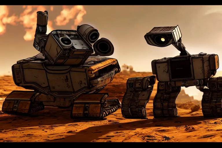 Image similar to wall - e in borderlands style game, heavy detailed, ultra high definition quality, borderlands game engine graphics