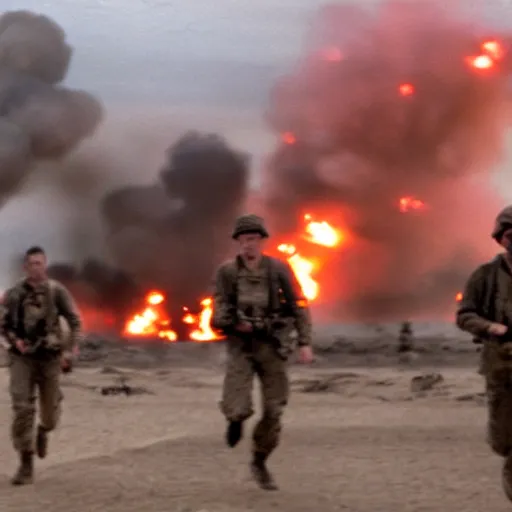 Image similar to american soldiers running at the camera during normandy beach landing with fiery explosions and debris all around them in the style of the movie lone survivor and saving private ryan, gritty, 4 k, cinematic lighting,