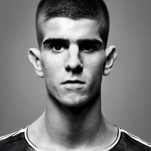 Image similar to “a realistic detailed photo of a guy who is an attractive humanoid who is half robot and half humanoid, who is a male android, Christian Pulisic, shiny skin, posing like a statue, blank stare, on display”