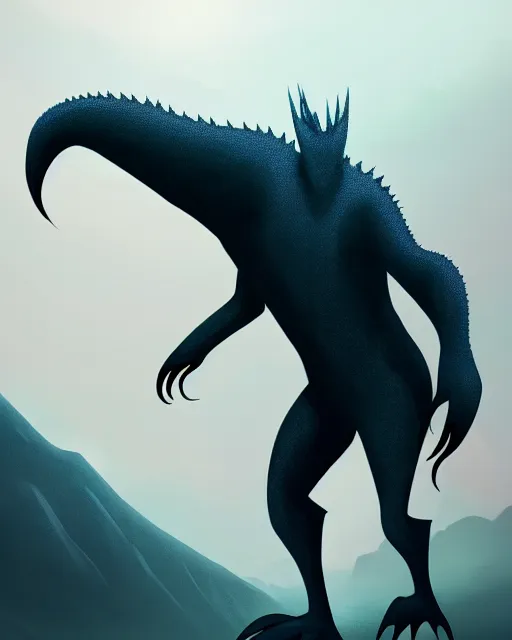 Image similar to concept art for a tall smooth, sleek kaiju creature, walking through a mountain range, fog, mountains in the distance | | epic - fine - clean, polished, trending on artstation, anime style, brush strokes