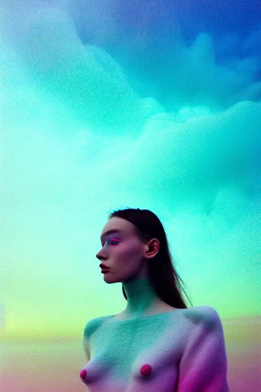 Image similar to high quality pastel coloured film close up wide angle photograph of a model wearing clothing swimming on cloud furniture in a icelandic black rock!! environment in a partially haze filled dreamstate world. three point light, rainbow. photographic production. art directed. pastel colours. volumetric clouds. pastel gradient overlay. waves glitch artefacts. extreme facial clarity. 8 k. filmic.