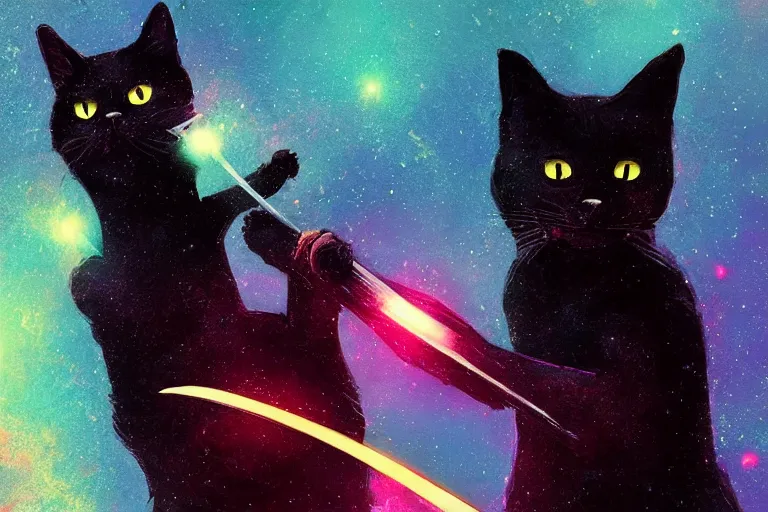 Prompt: a black cat holding a sword of galaxy, magic, digital art, glowing effect , concept art trending on artstation ,