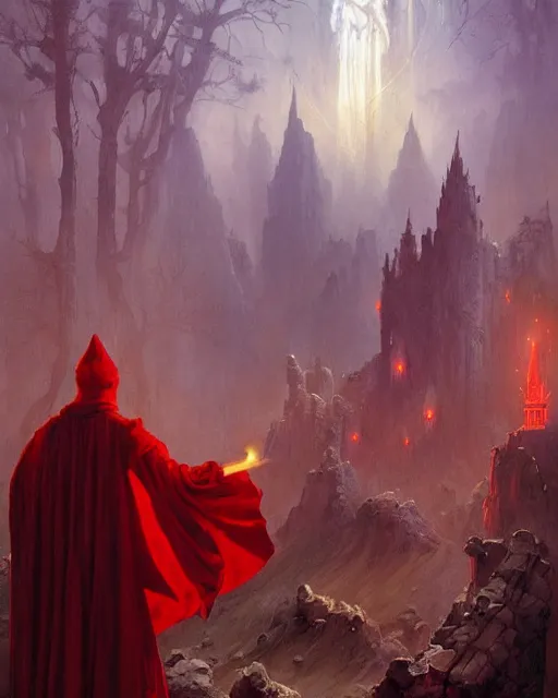 Image similar to a fantasy painting with a wizard in red robes in the foreground of a surreal environment by greg rutkowski and michael whelan