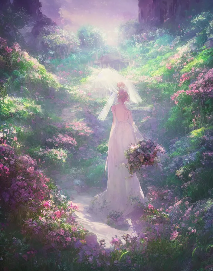 Image similar to beautiful wedding flower bouquet, environment concept art, daytime ethereal anime, high detail Impressionist style, dreamy light color palette, style of studio ghibli and moebius, concept art stunning atmosphere, trending on artstation, volumetric light